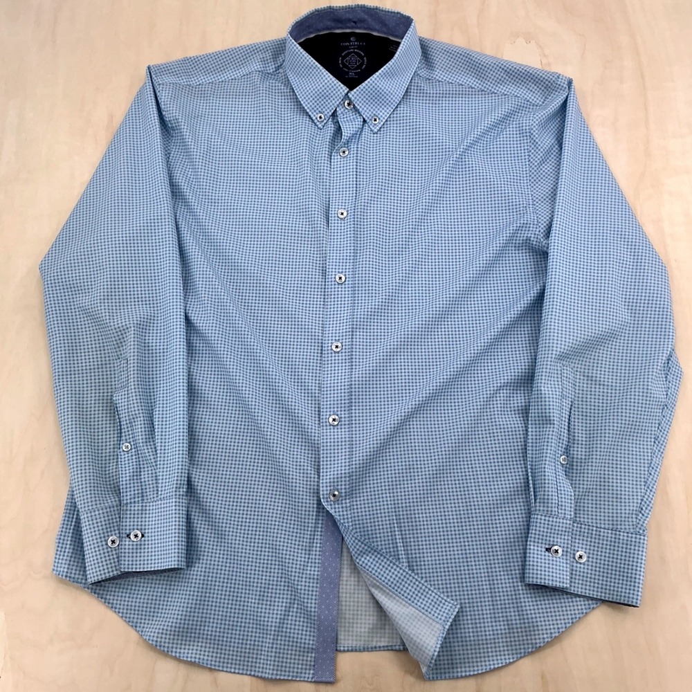 CON.STRUCT Button Down Mens XL Blue Gingham Performance Slim Fit Stretch Office